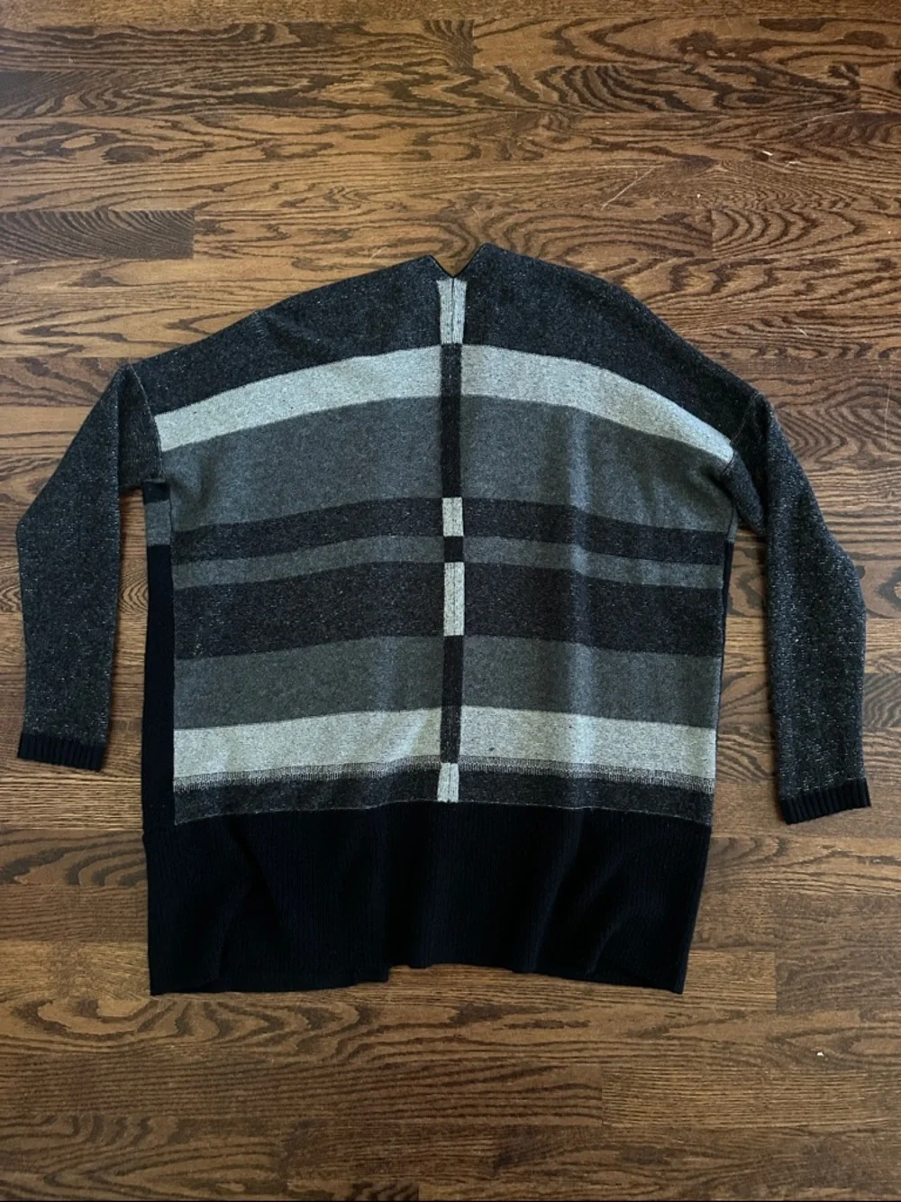 Vince Variegated Stripe Oversized Cardigan Black Gray Cashmere Blend Sweater S